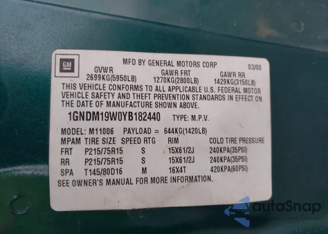 2000 Chevrolet Astro z USA, uszkodzony, nr VIN 1GNDM19W0YB182440